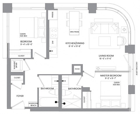 Floor plan for 2 beds, 2 baths, 782 sqft